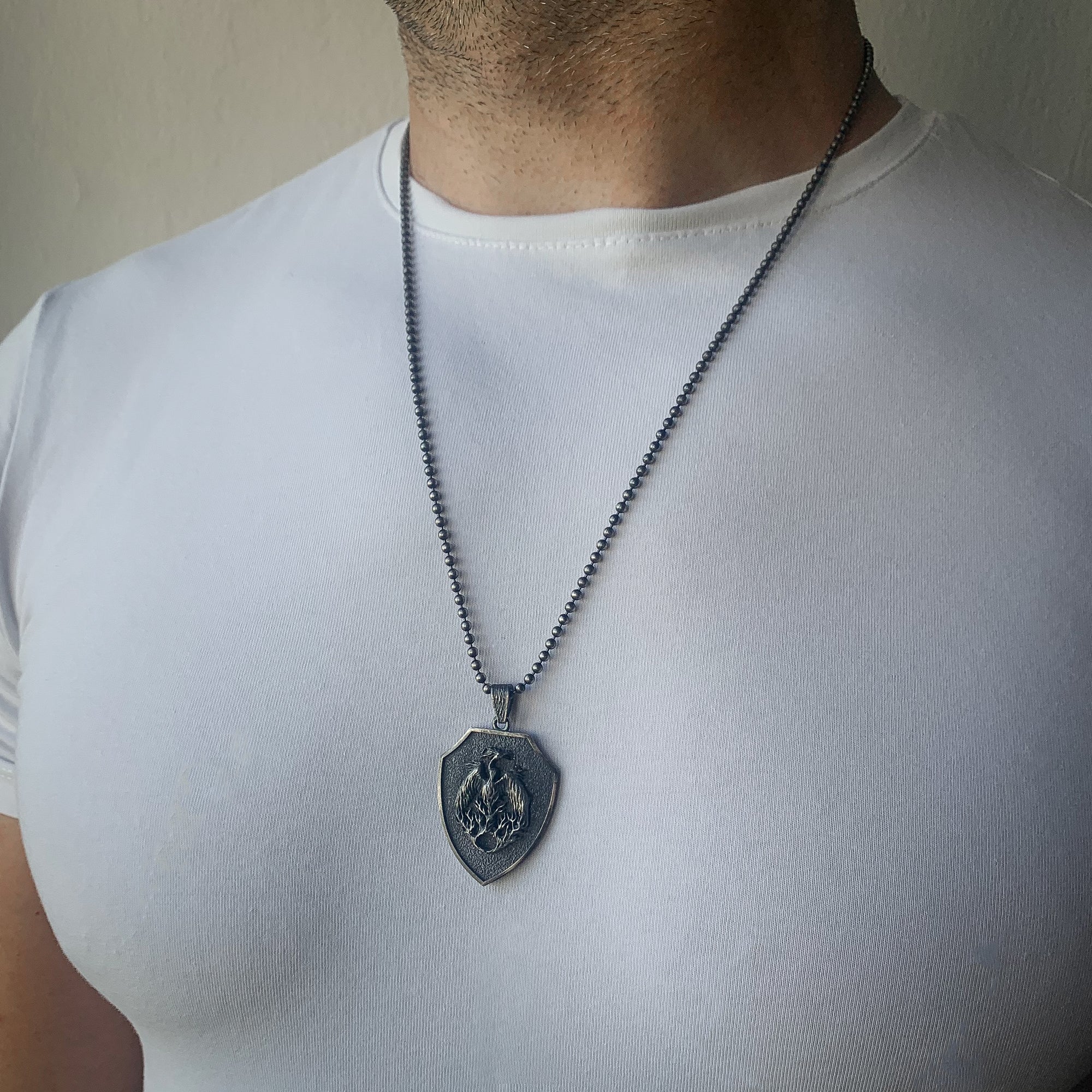 925K Silver Phoenix Men Necklace, Handmade Phoenix Medallion