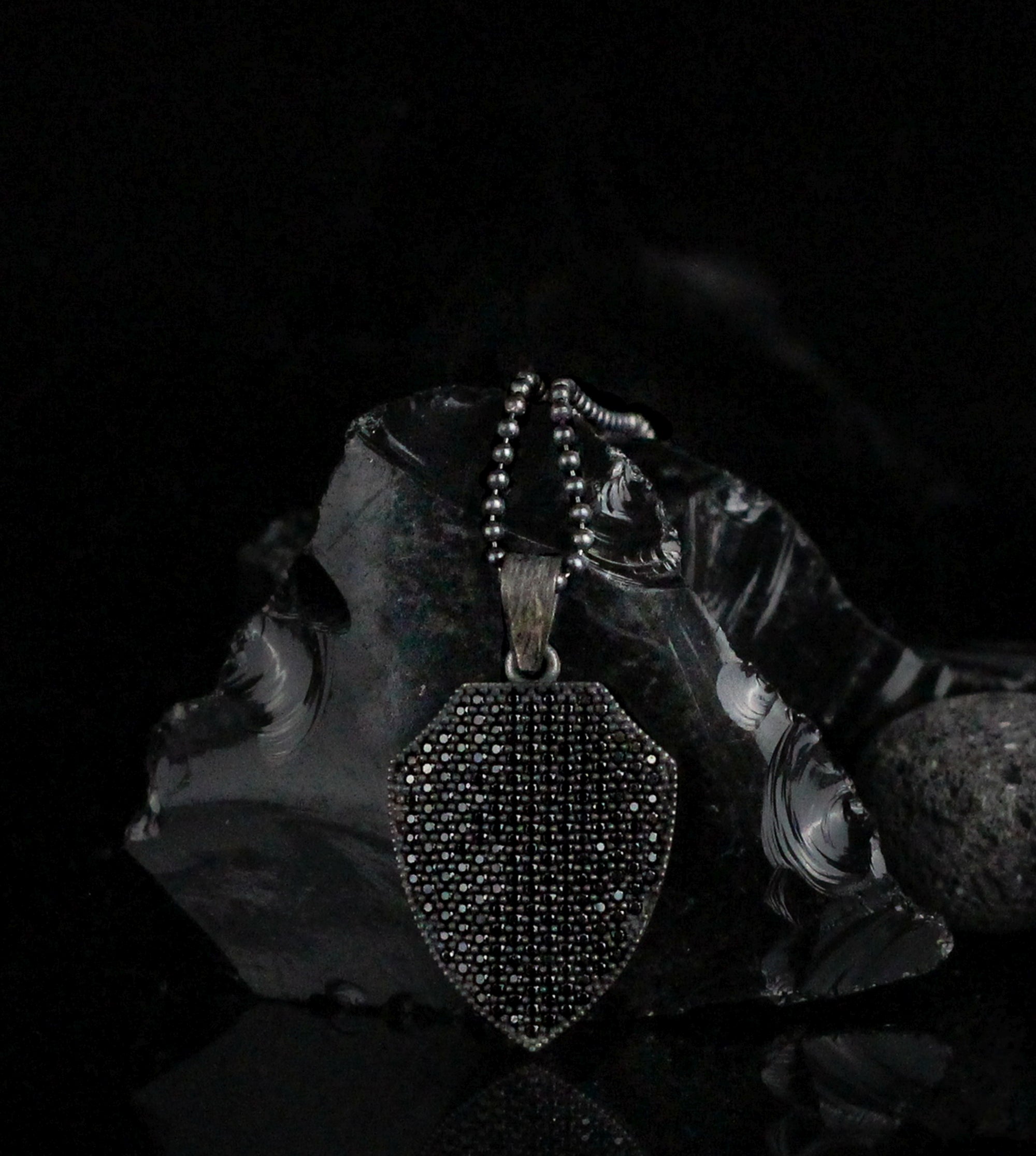 925K Silver Shield Men Necklace, Black Stone Men Pendant