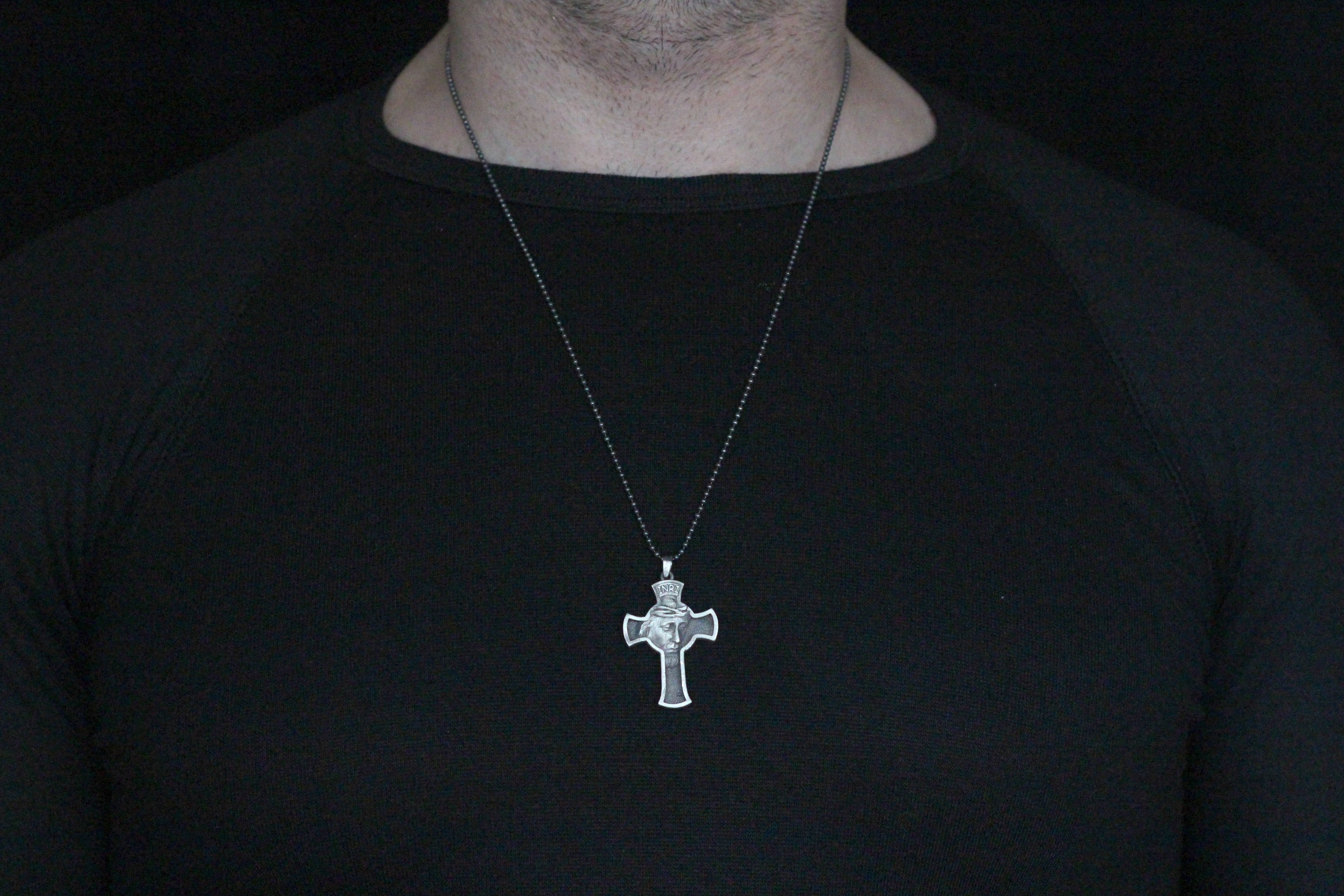 925K Sterling Silver Cross with Jesus Face Necklace | INRI Religious Necklace for Christian Men