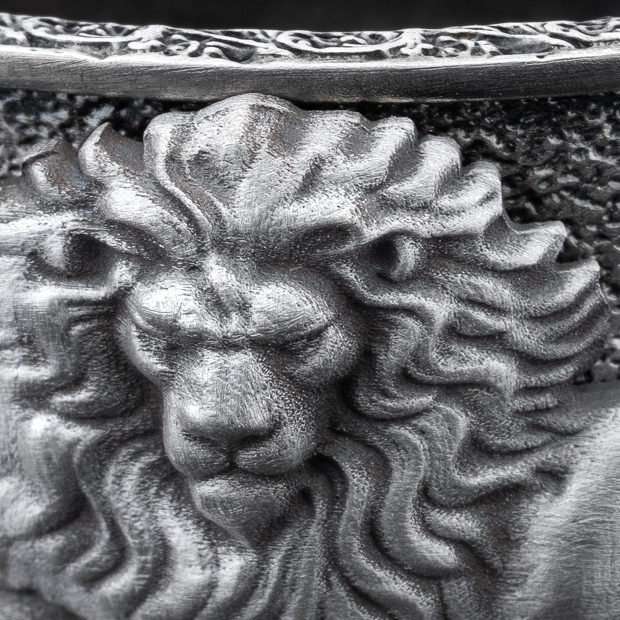Men’s Sterling Silver Lion Bracelet – Bold Handcrafted Cuff with Reclining Lion Motifs