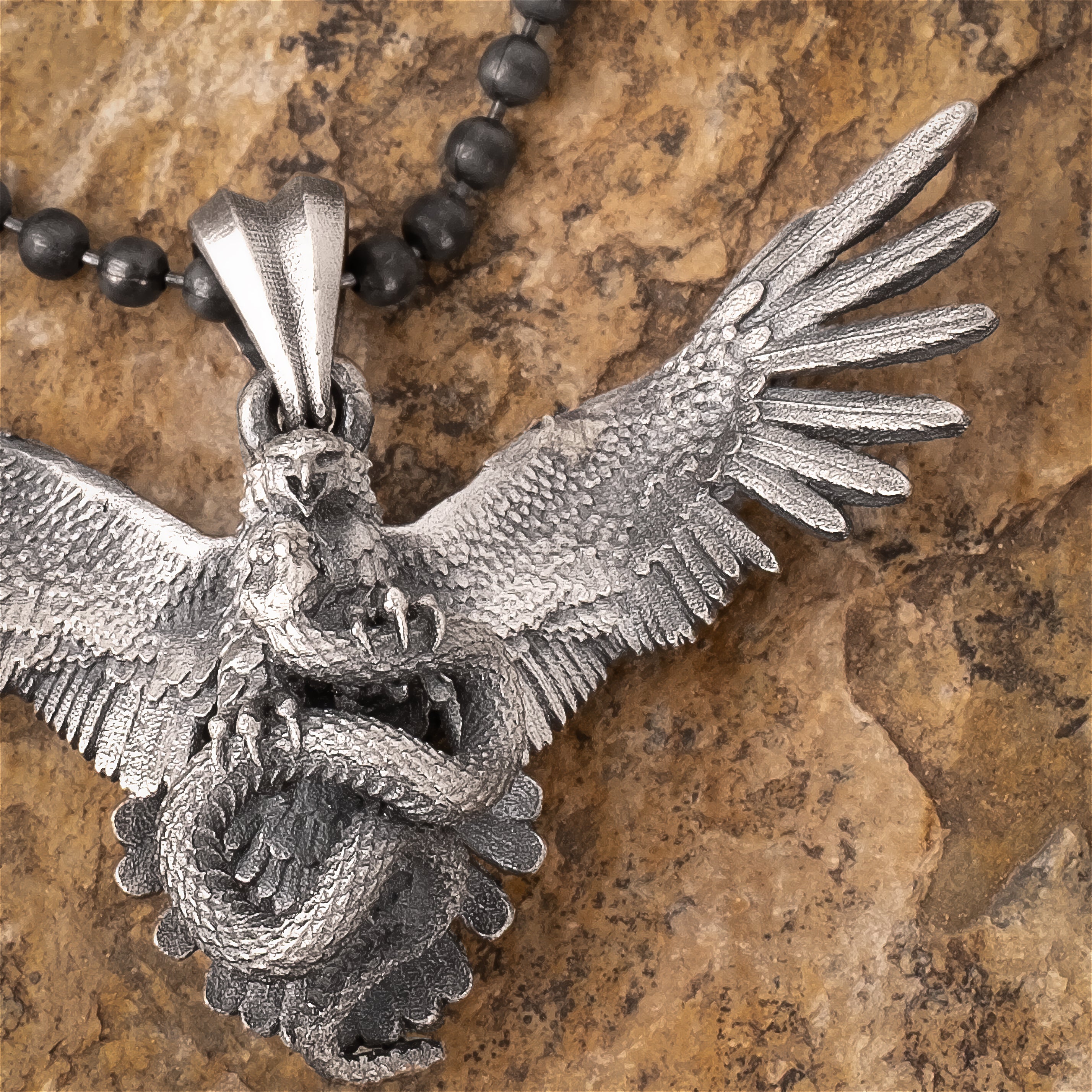 Eagle Fighting Snake Necklace in 925 Sterling Silver - Handmade Mythical Jewelry for Men