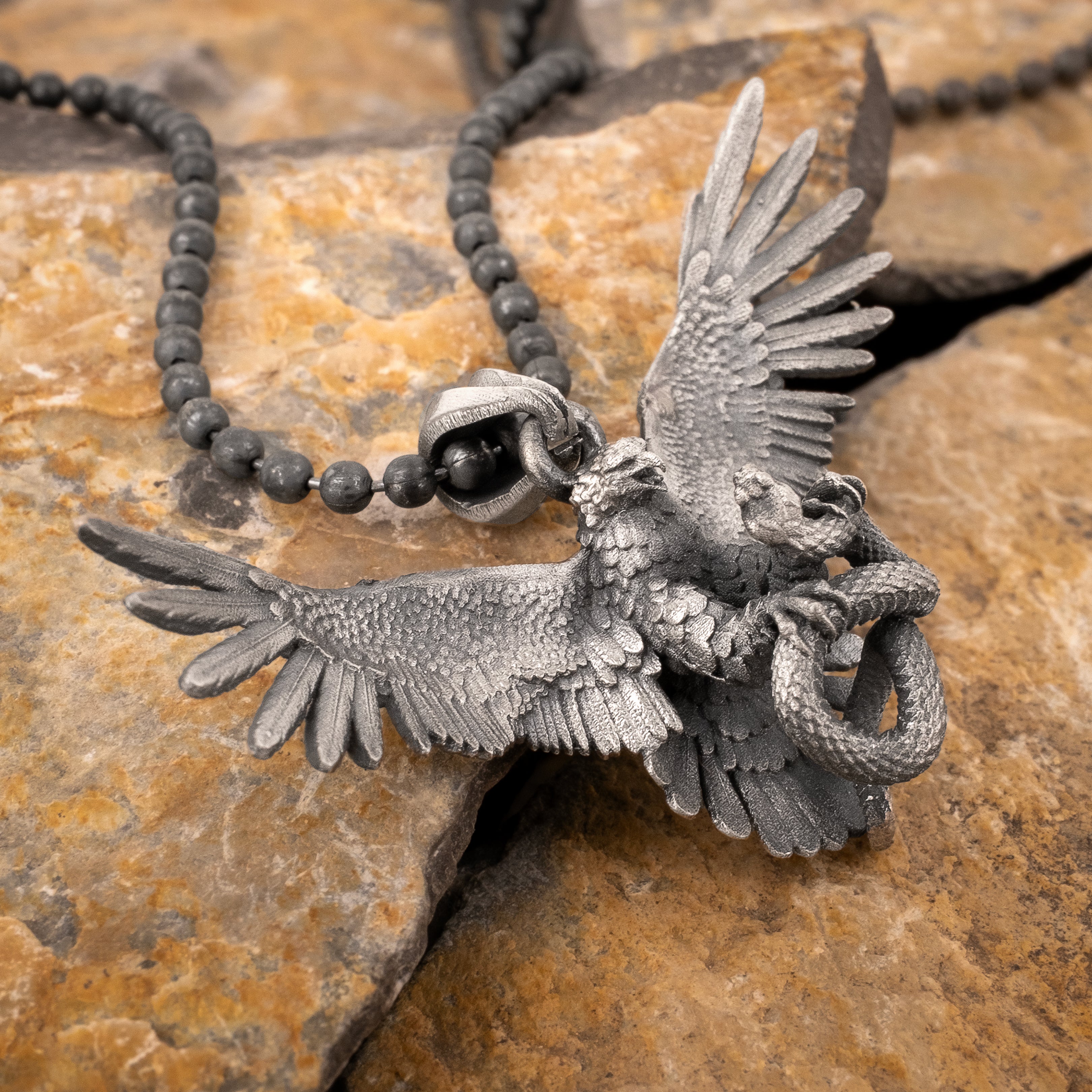 Eagle Fighting Snake Necklace in 925 Sterling Silver - Handmade Mythical Jewelry for Men