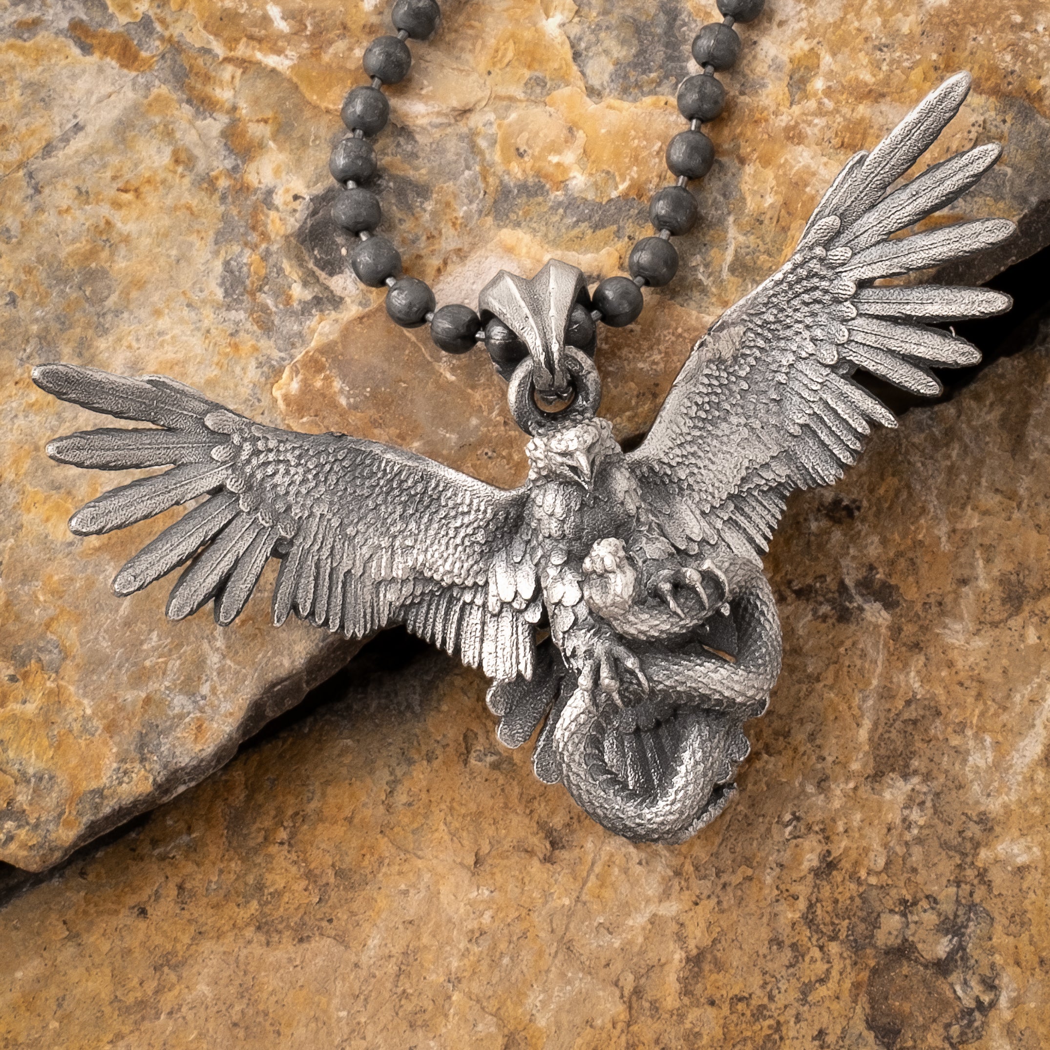 Eagle Fighting Snake Necklace in 925 Sterling Silver - Handmade Mythical Jewelry for Men