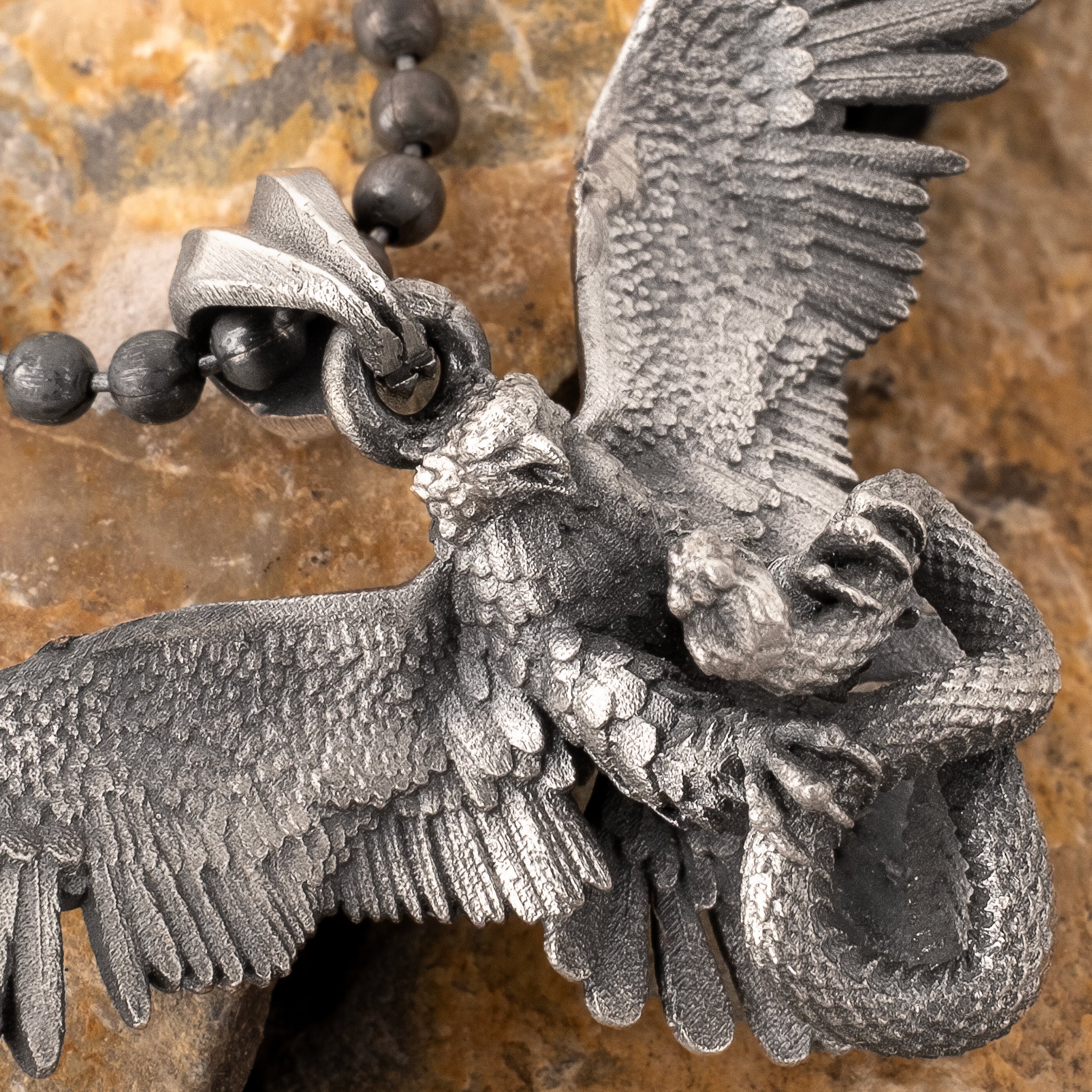 Eagle Fighting Snake Necklace in 925 Sterling Silver - Handmade Mythical Jewelry for Men