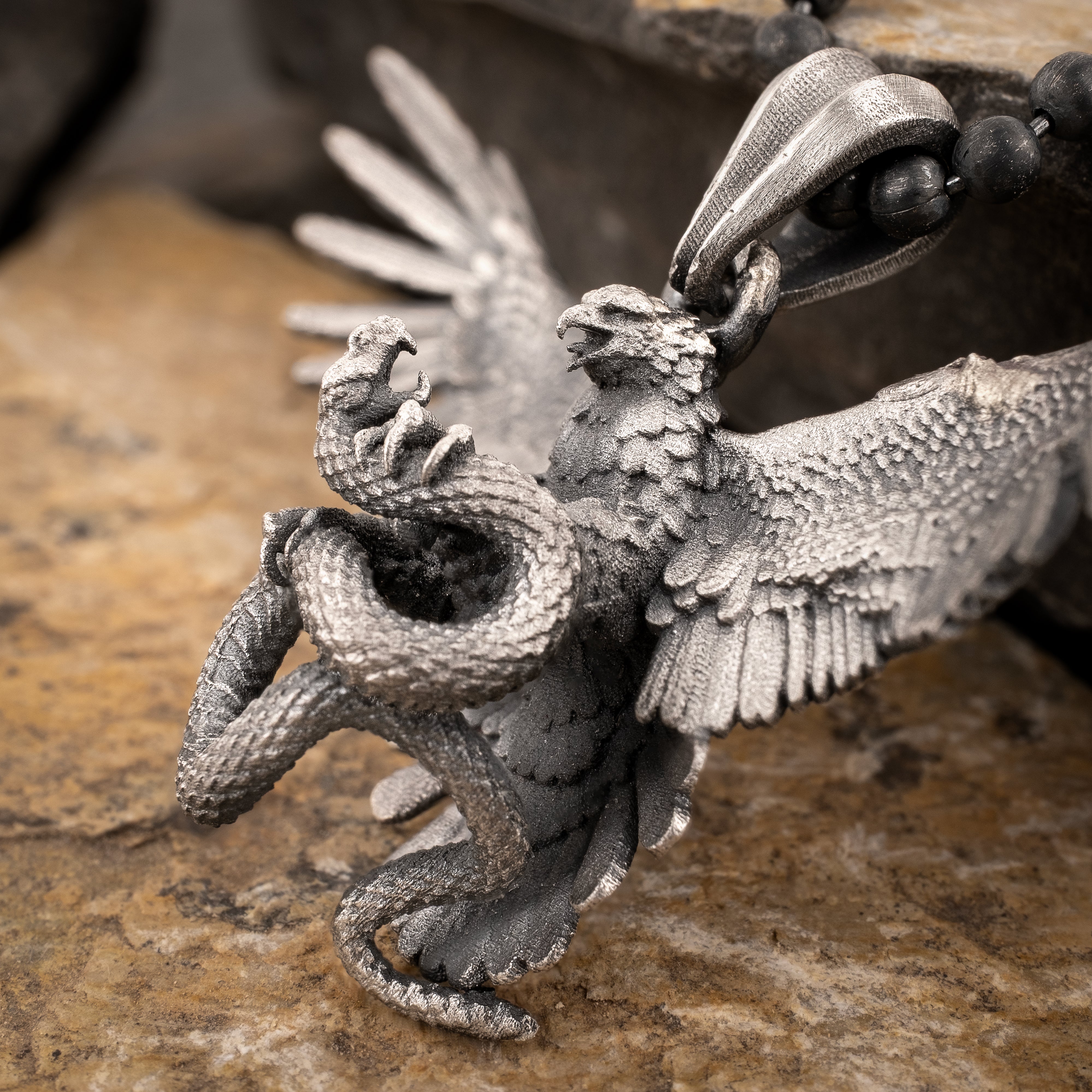 Eagle Fighting Snake Necklace in 925 Sterling Silver - Handmade Mythical Jewelry for Men