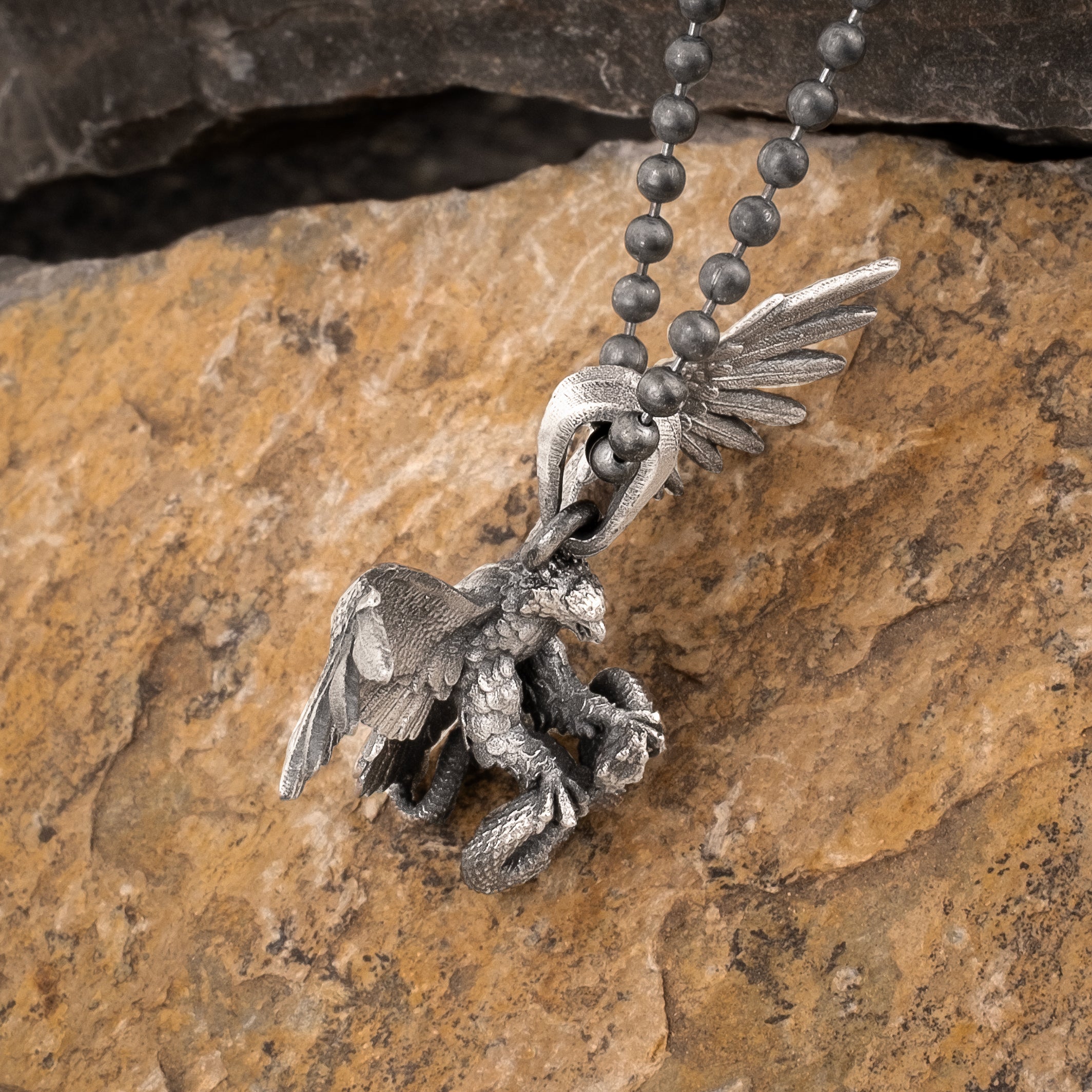 Eagle Fighting Snake Necklace in 925 Sterling Silver - Handmade Mythical Jewelry for Men