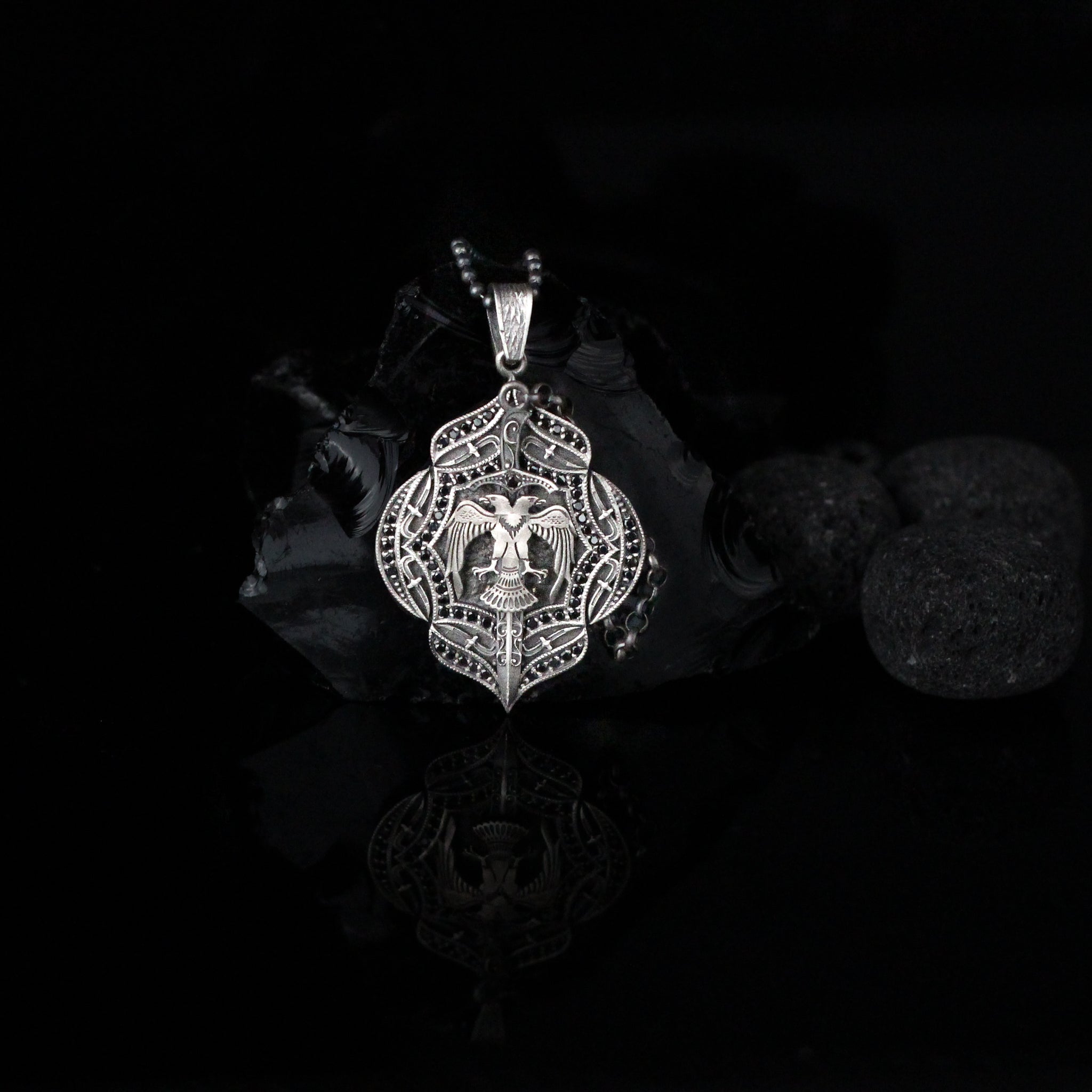 Double-Headed Eagle Shield with Sword Necklace | Intricate Silver Design Necklace for Men