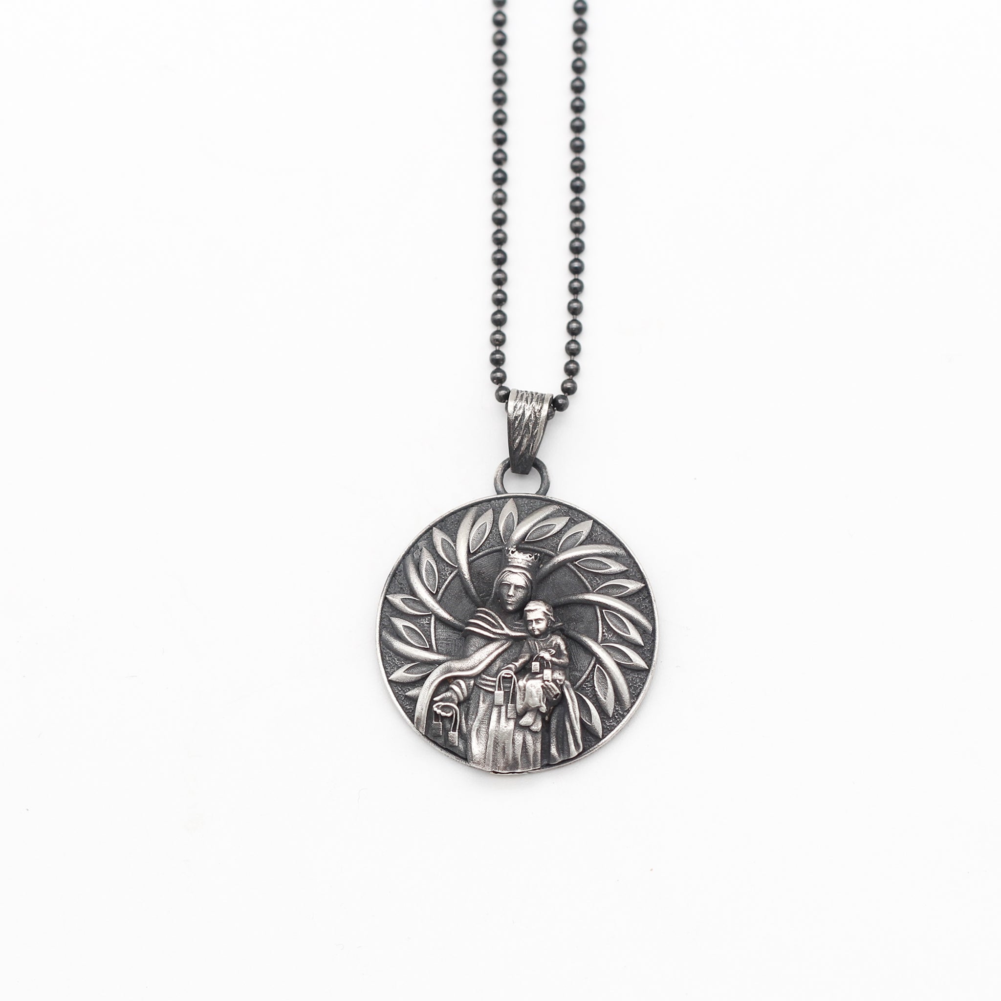 Handcrafted Virgin Mary with Baby Jesus Necklace in Sterling Silver | Religious Jewelry Gift for Men