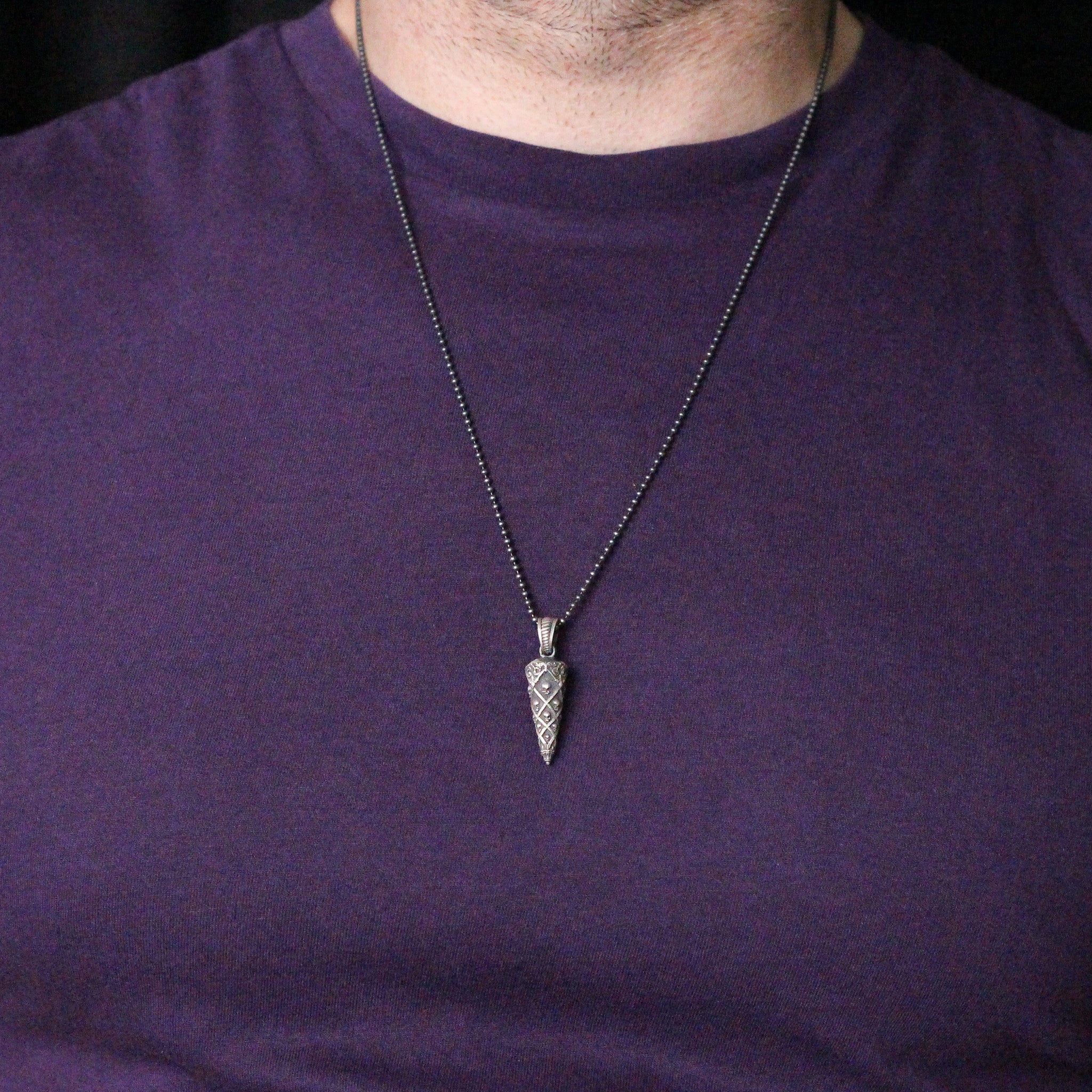 Vintage-Inspired Cone Pendant Necklace in 925 Sterling Silver | Antique Skull Cone Necklace for Men